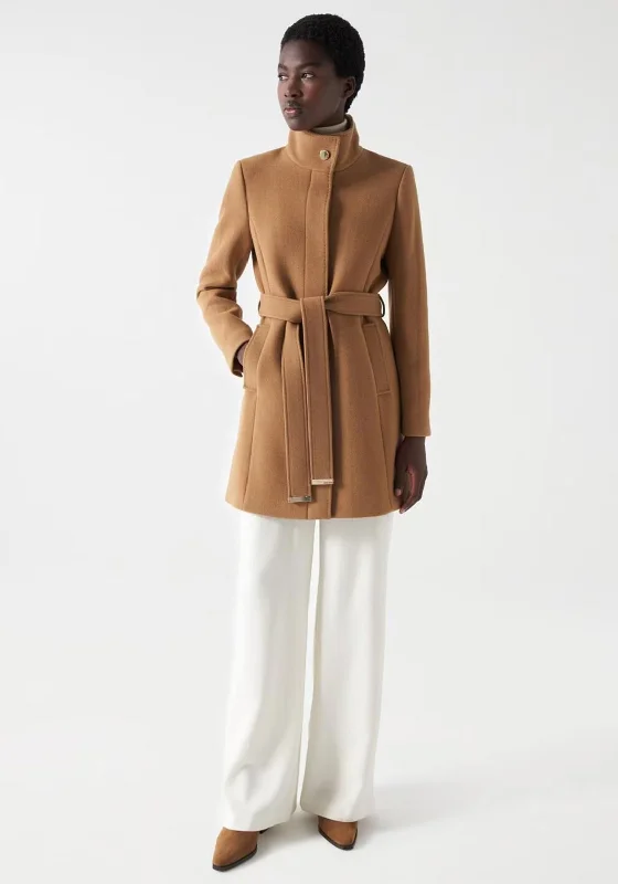 Street Fashion Style Salsa Grace Belted Wool Coat, Brown