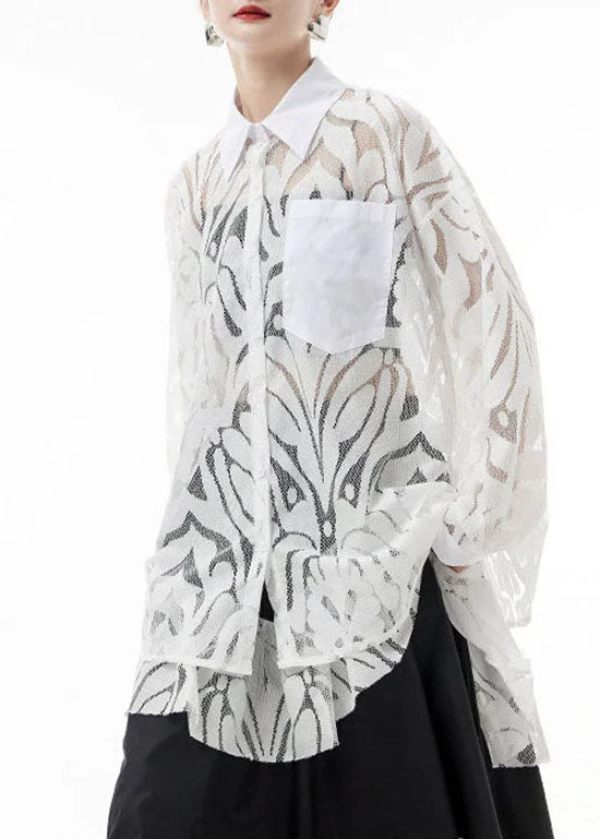 Innovative Design White lace Shirts Hollow Out Asymmetrical design Spring