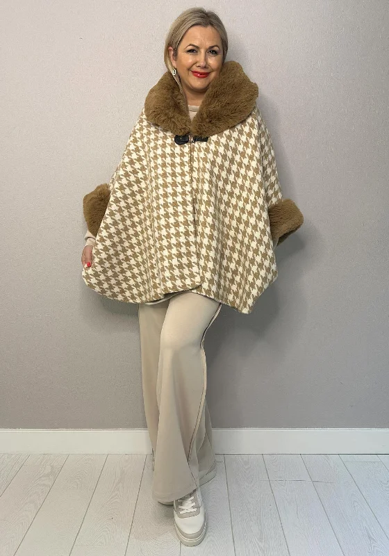 Hooded design Serafina Collection One Size Faux Fur Trim Poncho, Beige