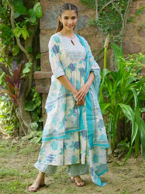 Moisture wicking Turquoise Printed Cotton Anarkali Suit With Dupatta