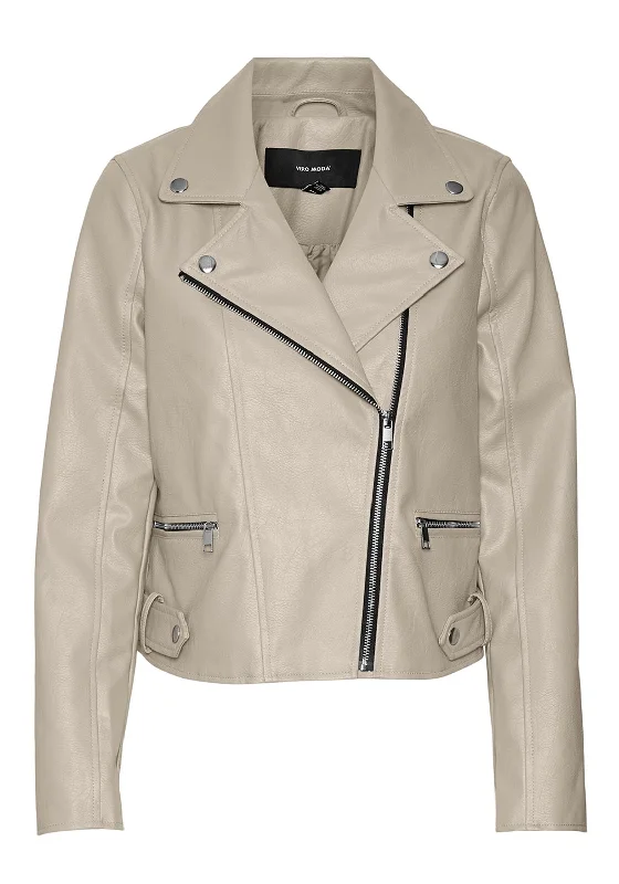 Low-key Luxury Vero Moda Nicole Leather Coated Biker Jacket, Oatmeal