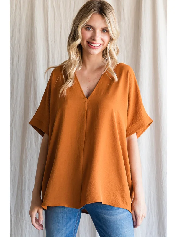 Luxury and fashionable V-Neck Shift Top, Caramel