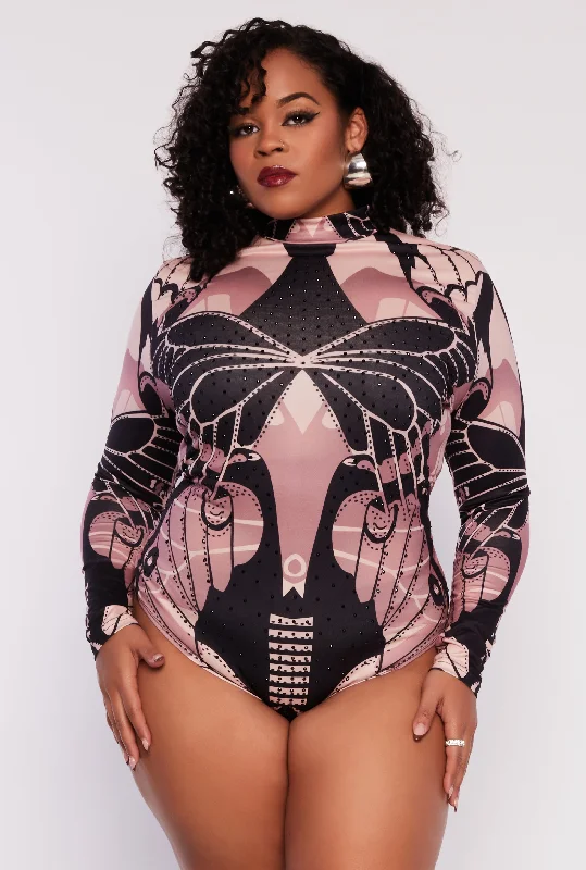 Street Style Plus Size Rhinestone Abstract Print Bodysuit