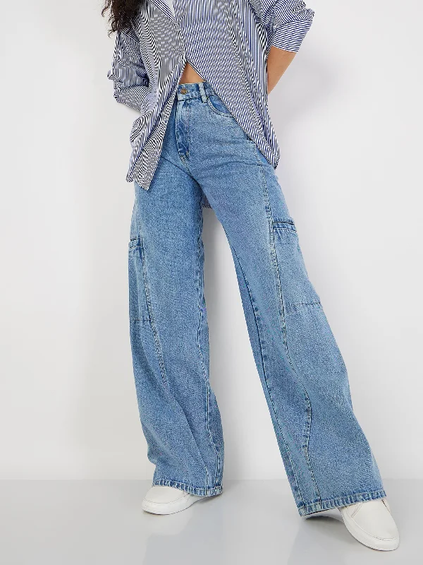 Sports Casual Style Women Blue Wide Leg Jeans