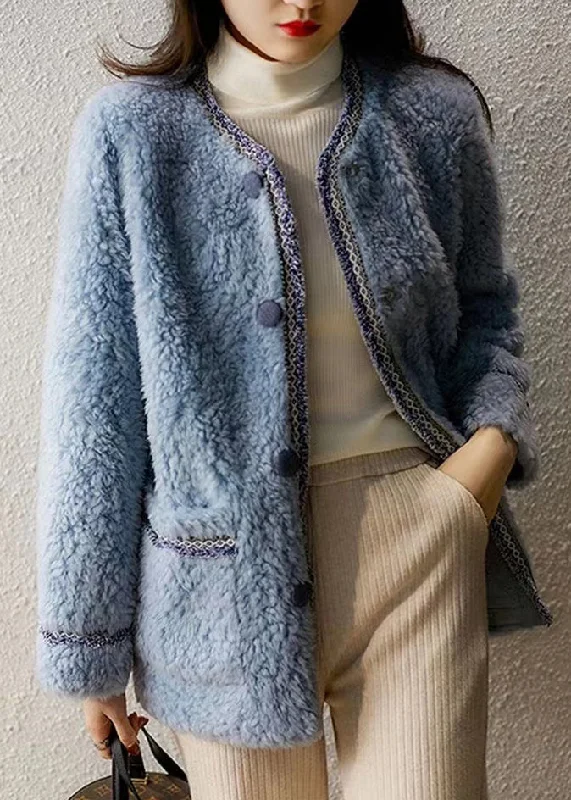 Retro Design New Blue O Neck Pockets Button Patchwork Woolen Coat Winter