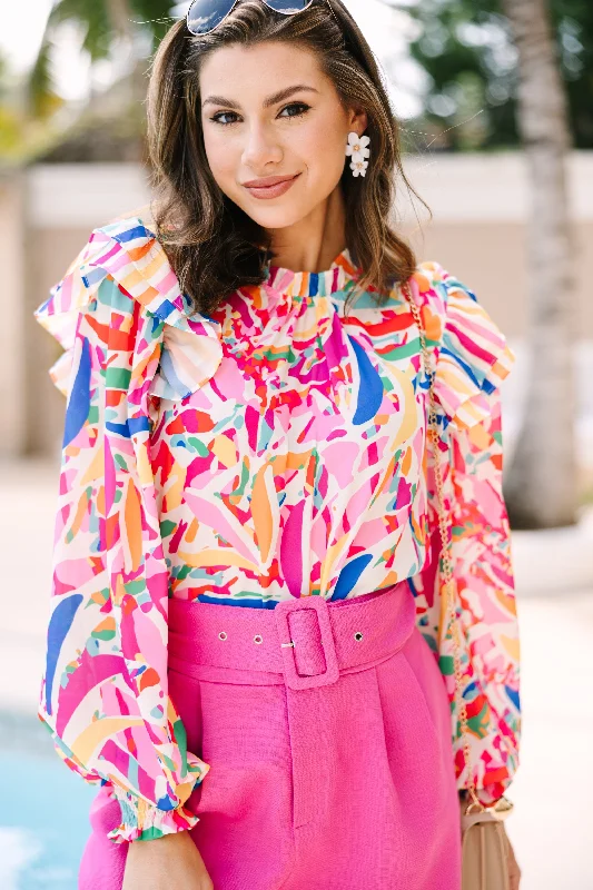 Cool Style Look On The Bright Side Pink Abstract Blouse