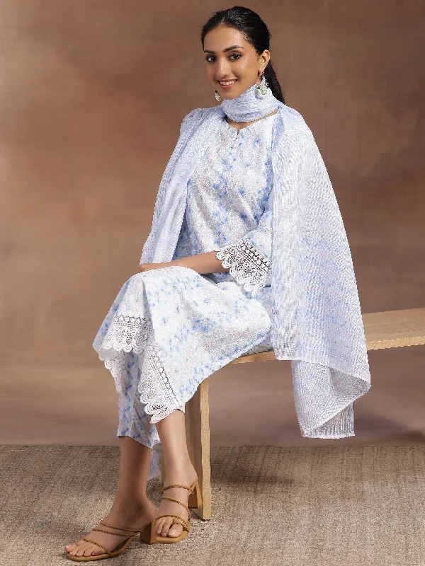 Casual And Casual Sky Blue Embroidered Cotton Blend Straight Suit With Dupatta