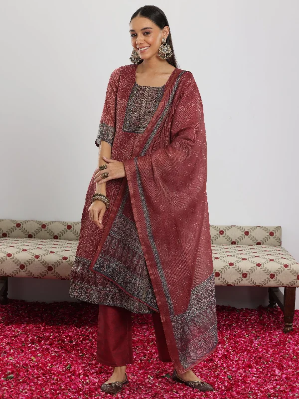 Round neck design Maroon Printed Silk Blend Straight Suit With Dupatta