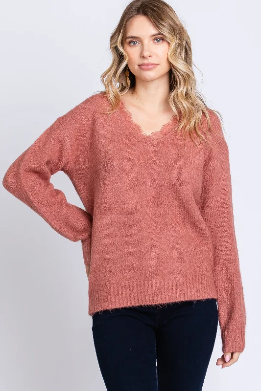 Party Wear Mauve Soft Knit Lace Trim Sweater