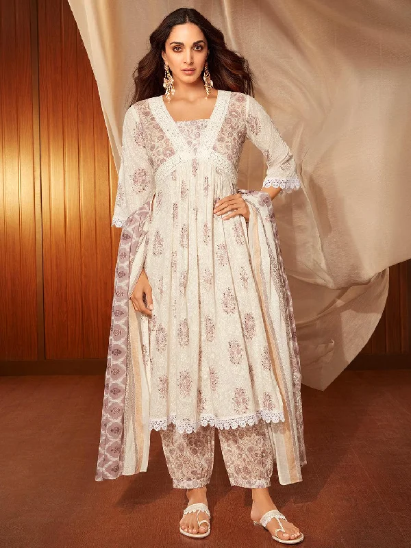 Trendy Traveler Jannat White Printed Cotton A-Line Kurta With Salwar & Dupatta