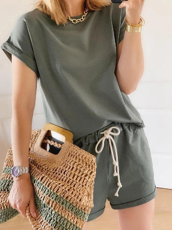 Fashionable and casual Casual Loose Round Neck Solid Color Two-piece Suit