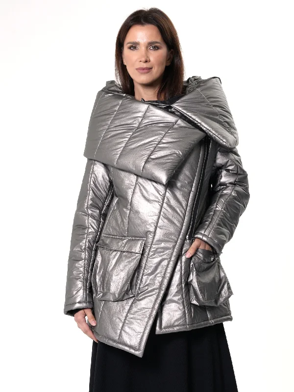 Street Vertical And Horizontal Design Large Collar Silver Puffer Jacket