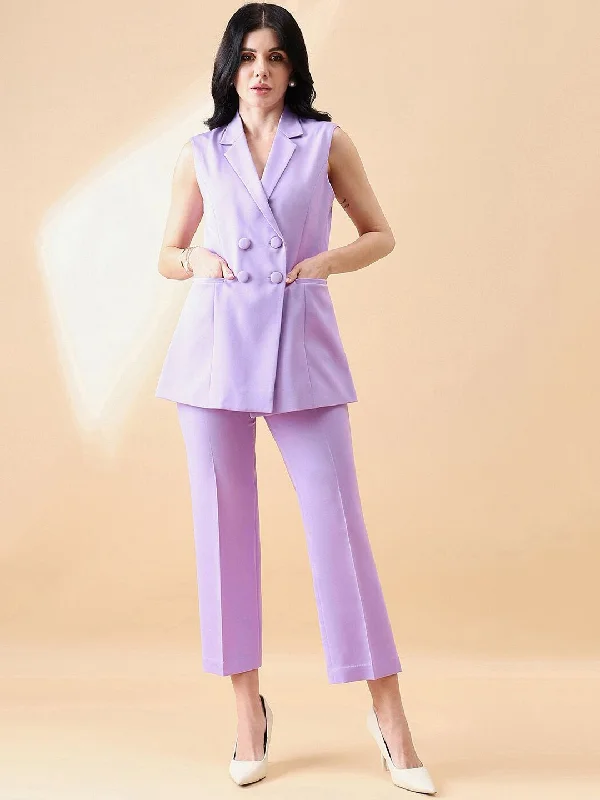 Alice style Cut- Sleeve Notch Collar Stretch Pant Suit- Lavender