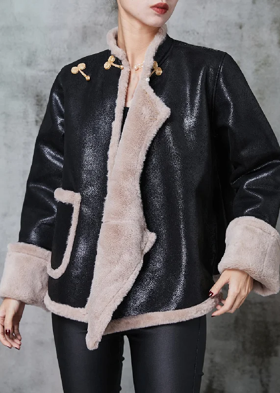 Elegant And Elegant Art Black Mandarin Collar Warm Fleece Faux Suede Coats Spring