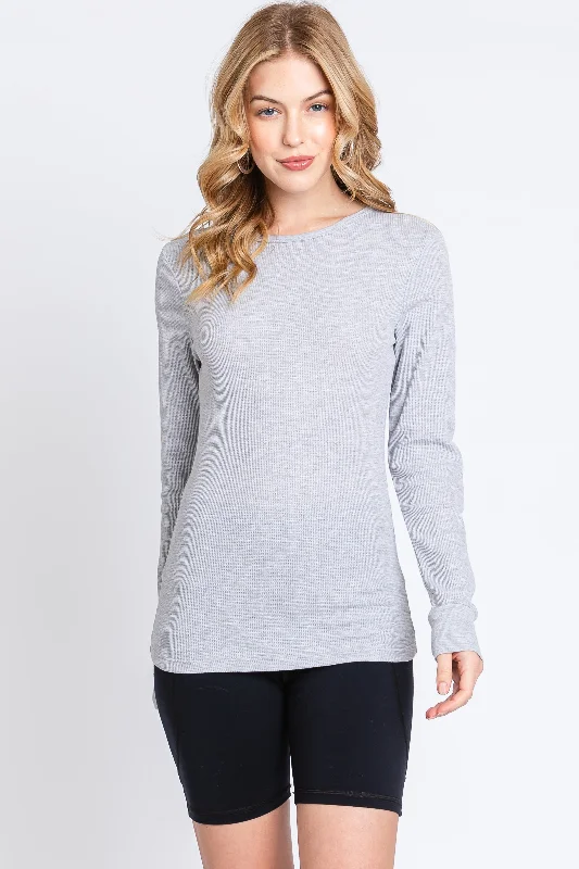 Sweet Student Style Heather Grey Waffle Knit Basic Long Sleeve Top