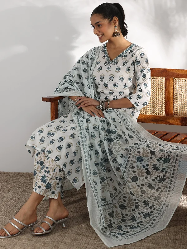 Retro Dress White Printed Cotton Straight Suit With Dupatta