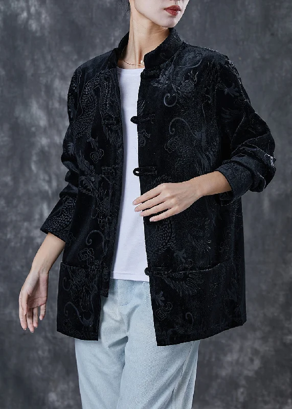 Simple research Chinese Style Black Embroideried Corduroy Jacket Spring