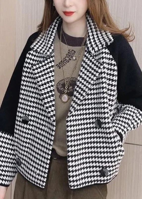 Literary Style Modern Black Square Collar Striped Patchwork Woolen Coats Fall