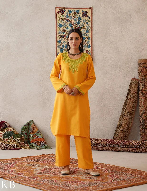 Elegant Style meHER Sun Yellow Kashmiri Aari Woollen Co-ord Set