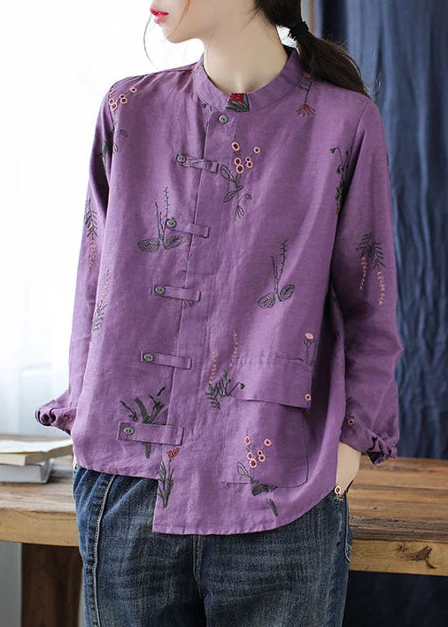 Sweet And Cute Style Purple Linen Shirts Top Stand Collar Embroideried Long Sleeve