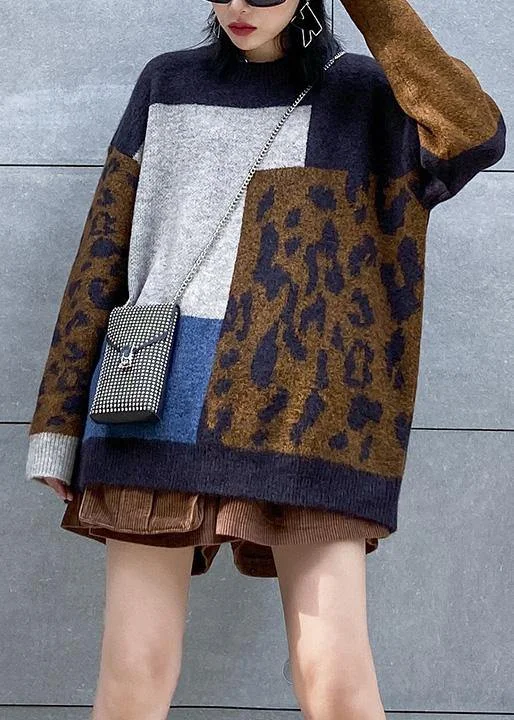 Unique prints Pullover o neck Leopard knit sweat tops plus size patchwork color knit blouse