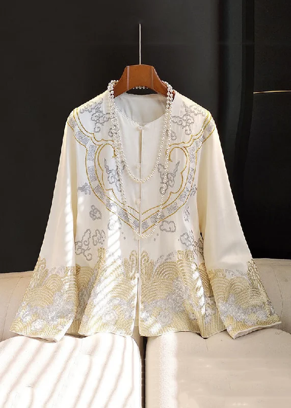 Party Wear Chinese Style White Embroideried Button Silk Coat Long Sleeve