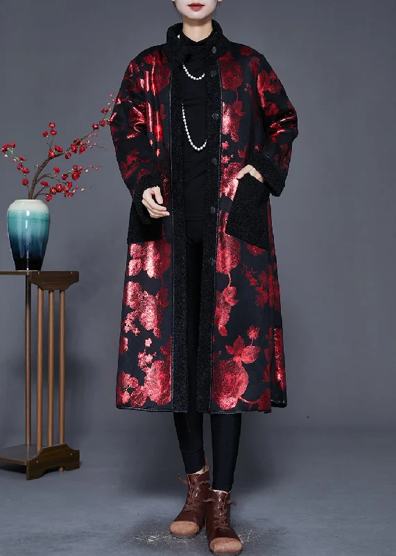 Comfortable And Simple Art Mulberry Print Oversized Fleece Wool Lined Coats Winter