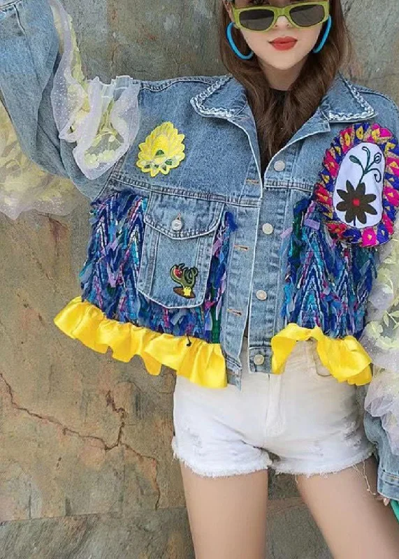 Sweet Small Flower Pattern Casual Blue PeterPan Collar Button Patchwork Sequins Fall Denim Long sleeve Coat