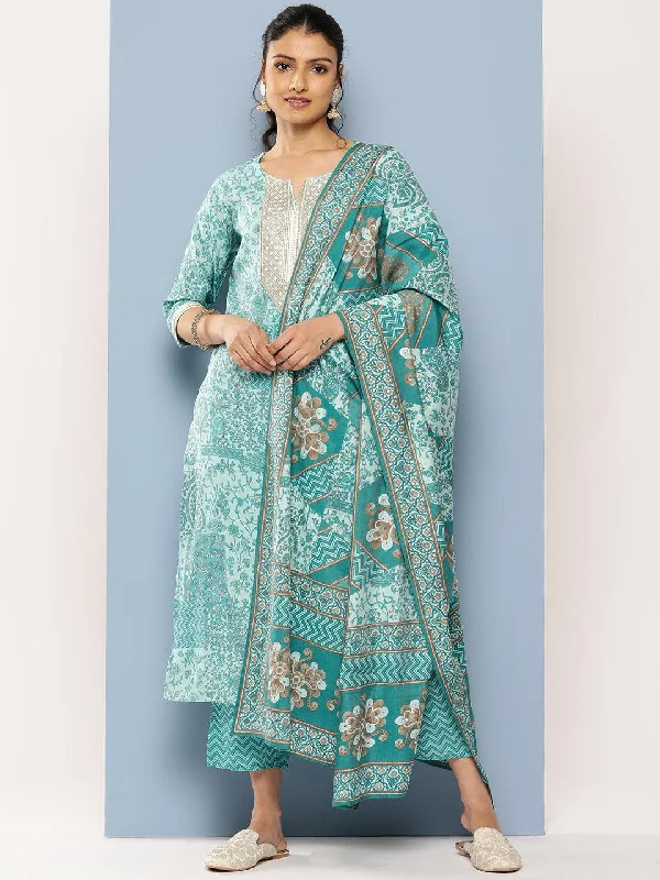 Retro Style Blue Yoke Design Silk Blend Straight Kurta With Trousers & Dupatta