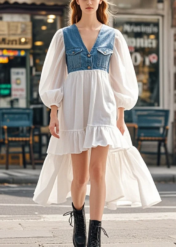 Classic Series Elegant White Puff Sleeve Patchwork Denim Low High Design Cotton Dress Spring