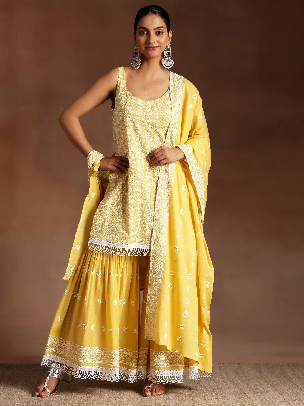 Single-shoulder Neck Design Mustard Embroidered Cotton Straight Suit With Dupatta