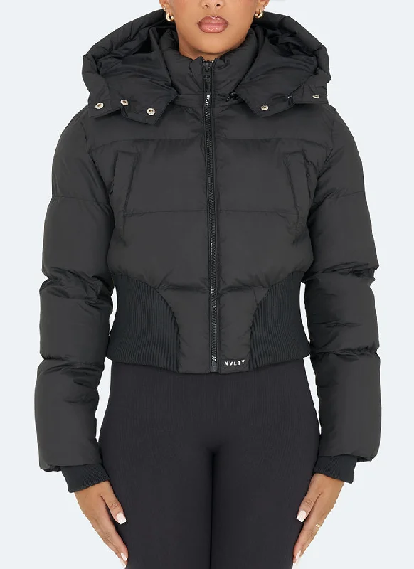 Printed pattern Cinched Waist Puffer Jacket - Black