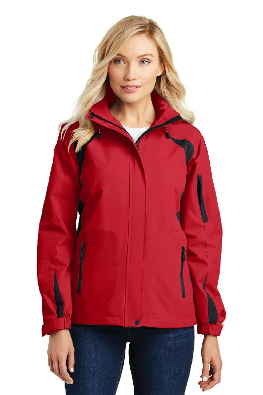 Cool Breeze At Night Port Authority Womens All Season II Waterproof Full Zip Hooded Jacket - True Red/Black - Closeout