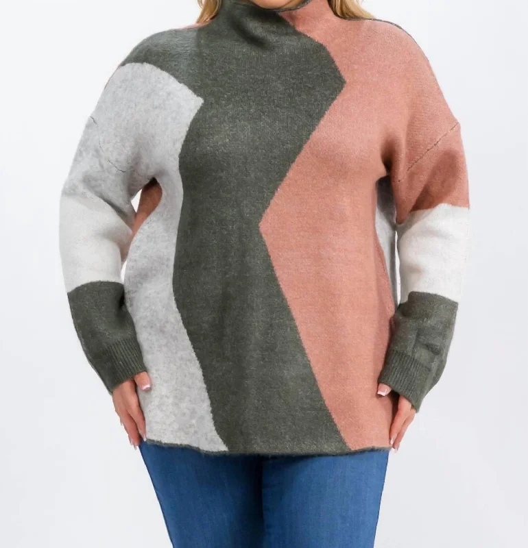 British casual Mock Neck Colorblock Pullover - Plus In Pink/green/gray