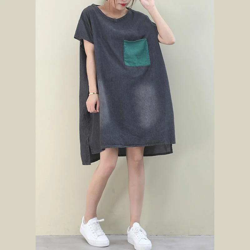 Warm and substantial Women denim black Cotton clothes Women o neck green pockets Midi Dresses