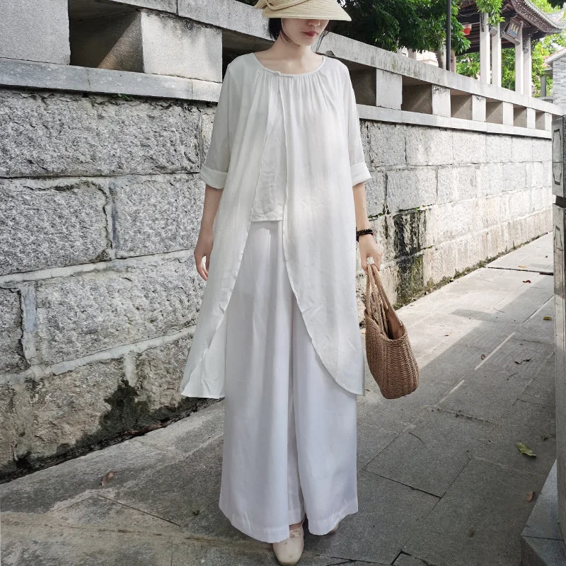 Retro Skirt Design Casual White Long Sleeves Blouses and Linen Pants