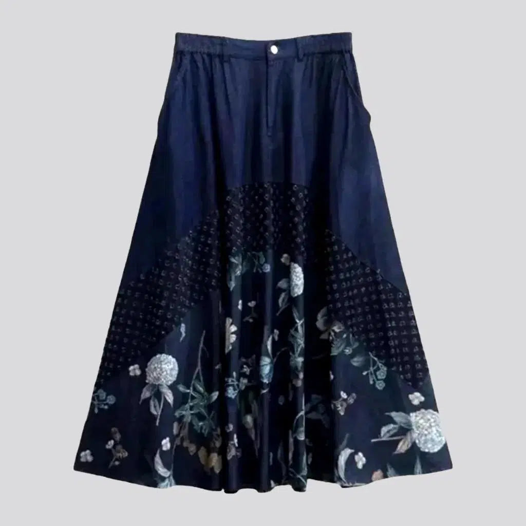 Sports Yoga Style Flowery dark-wash denim skirt for ladies