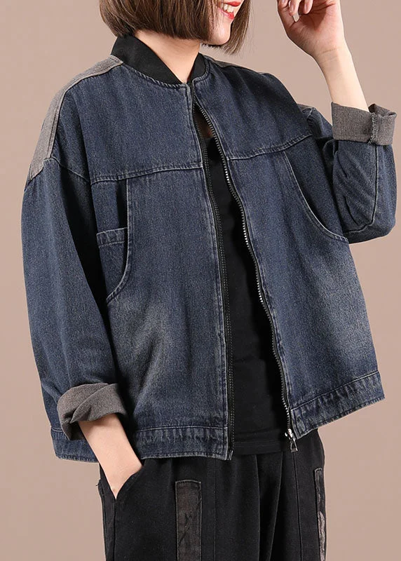 Sweet Student Style Beautiful Blue Denim Zippered Pockets Fall Coat Long Sleeve