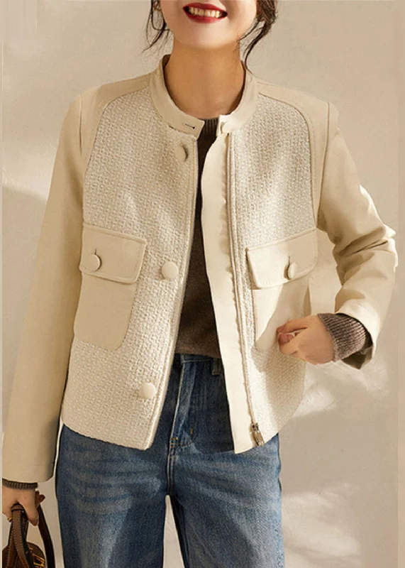 Stand-up collar design Fashion White O-Neck Woolen Patchwork Pockets Sheepskin Coats Long Sleeve