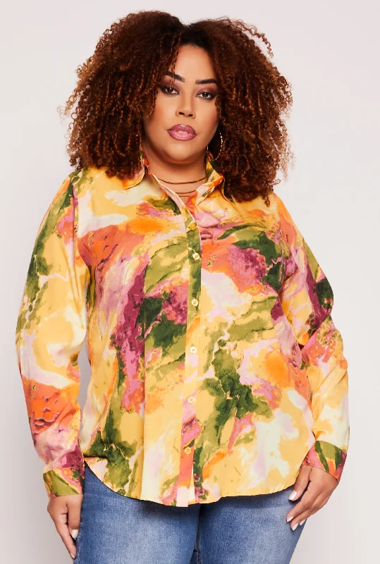 Sweet Unique Design Plus Size Marble Print Collared Button Front Shirt