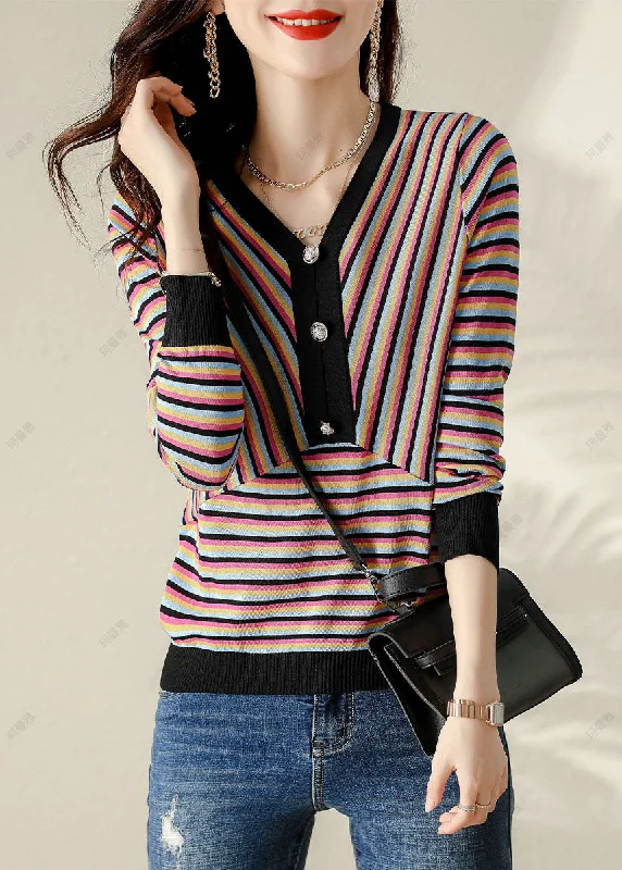 Celebrity Style Plus Size V Neck Striped Patchwork Shirt Spring