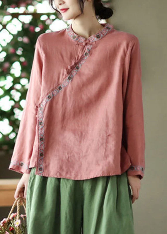 Retro Lace Fabric Watermelon Red Embroideried Floral Linen Shirt Long Sleeve