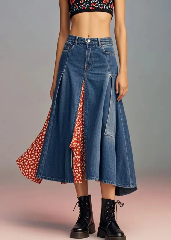 Sports Yoga Style Italian Navy Asymmetrical Patchwork Print Denim Skirts Spring