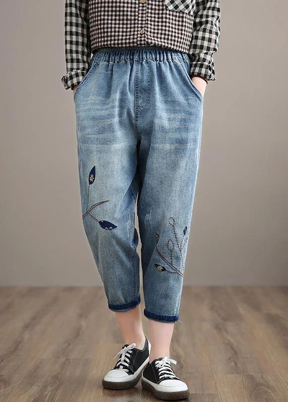 Sports Jumpsuit Unique Spring Trousers Casual Denim Blue Wardrobes Elastic Waist Leaf Pant