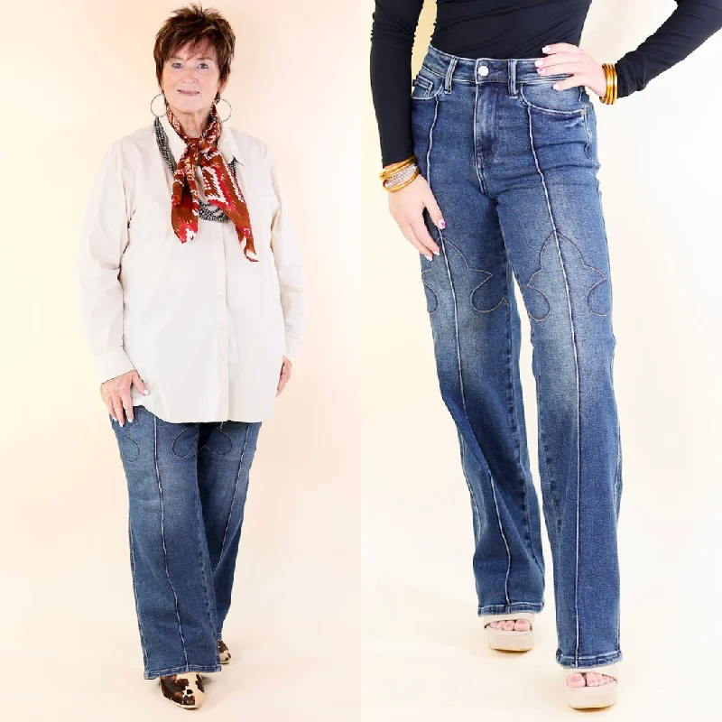 Street Fashion Style Judy Blue | Western Wanderer High Waisted Straight Leg Jean with Western Seam Detail in Dark Wash