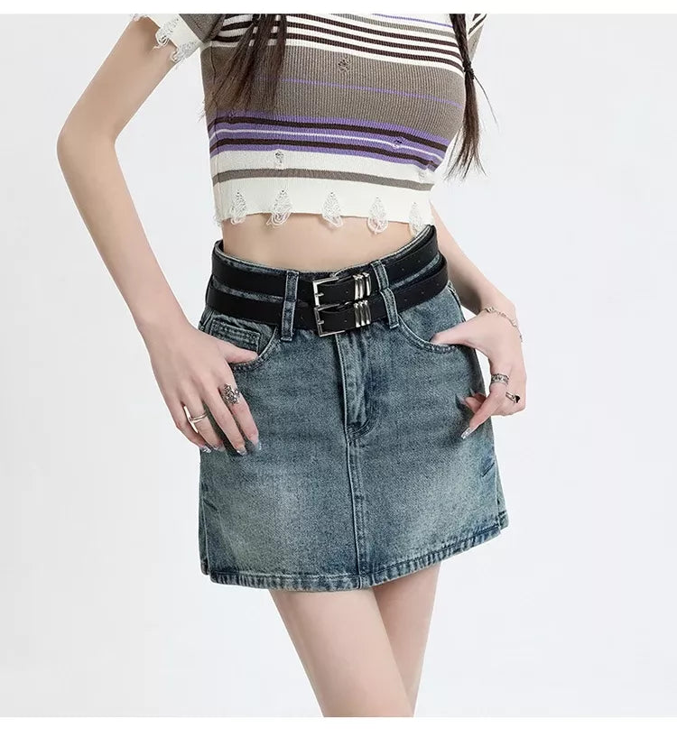 Sweet Modified Style Chic High Waist Denim Mini Skirt with Belt