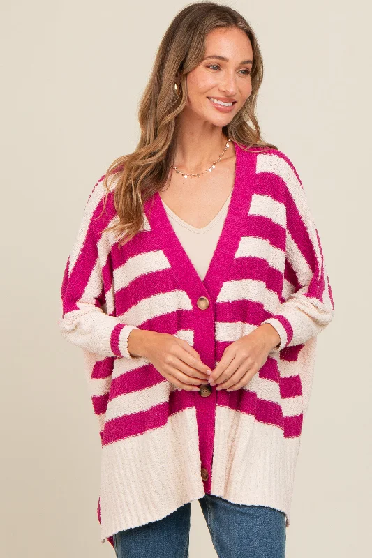 Floral Prints Magenta Textured Knit Striped Oversized Cardigan