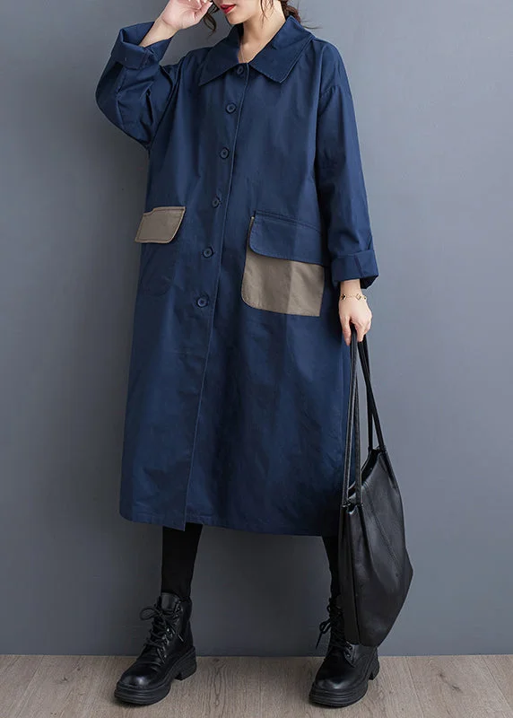 Sweet Flower Style Navy Pockets Button Cotton Trench Peter Pan Collar Fall