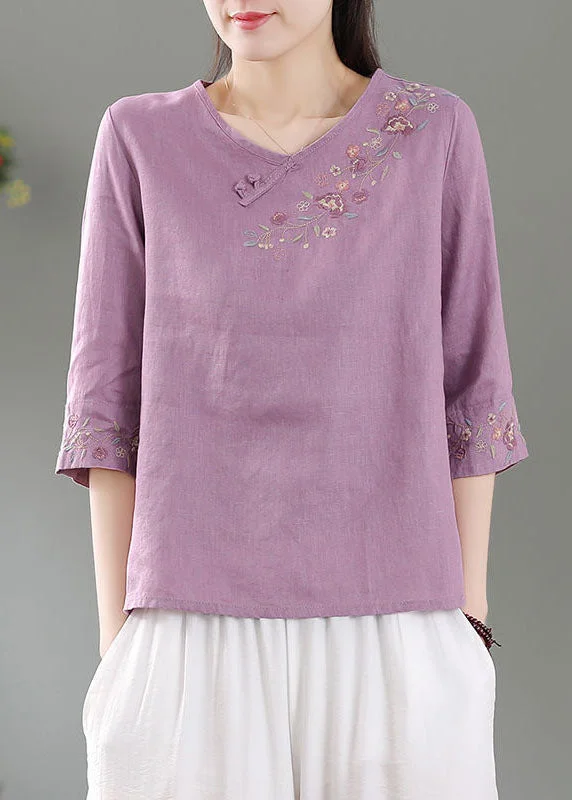 Sweet Short Skirt Style Purple Patchwork Linen Shirt Top O-Neck Embroideried Three Quarter sleeve