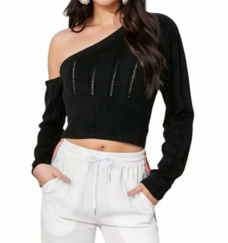 Slim Fit Kendra Pointelle Knit One-Shoulder Sweater Top In Black